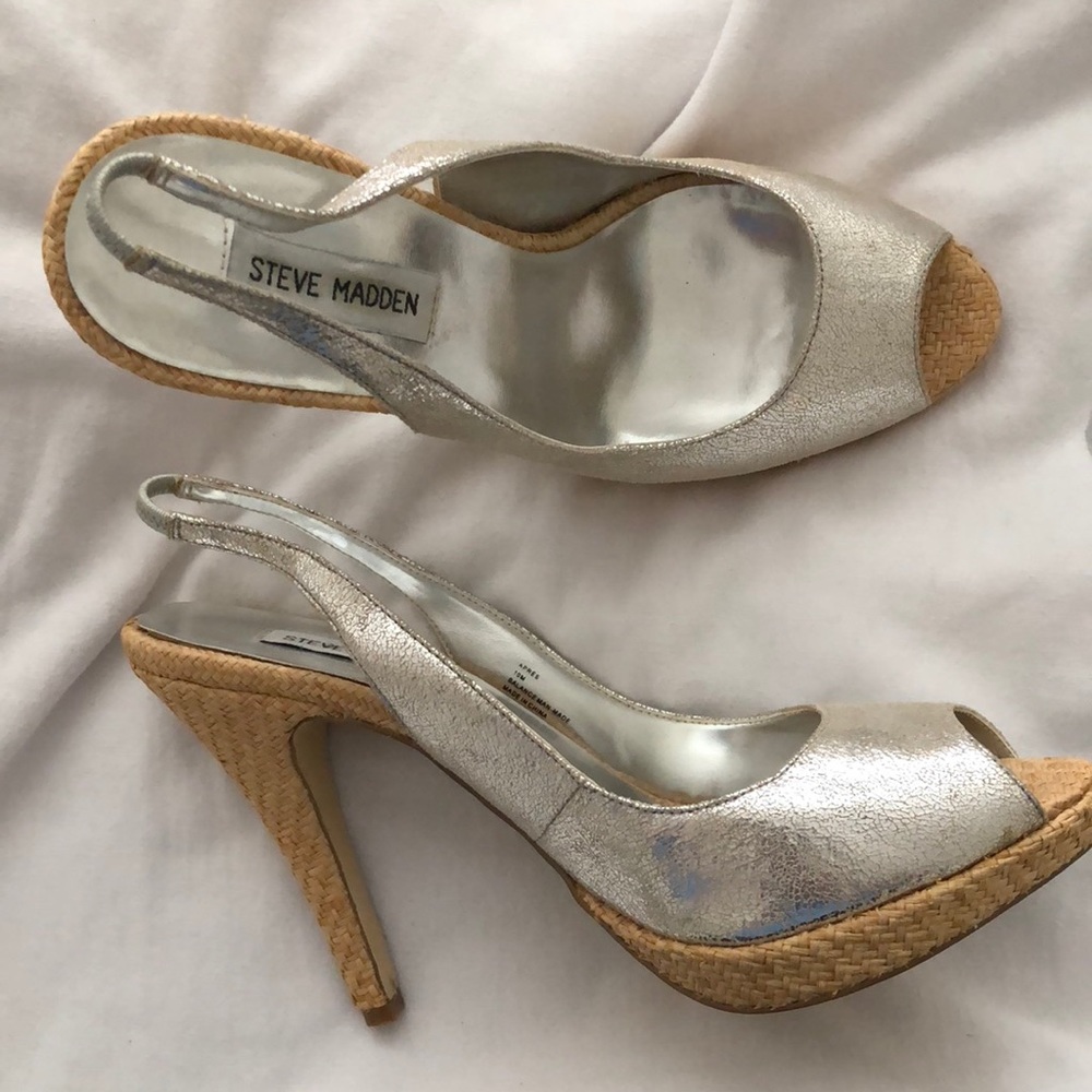 Silver open Toe Slingback Heels